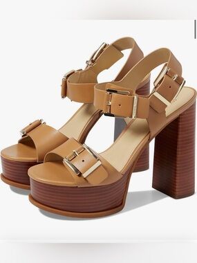 MICHAEL Michael Kors Tan Colby  Platform Block Heel Sandals with Gold Buckles